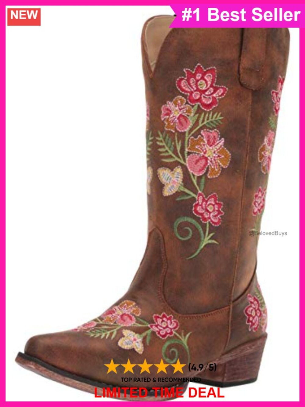 Women's Floral Embroidered Faux Leather Mid-Calf Boots Pointed Toe